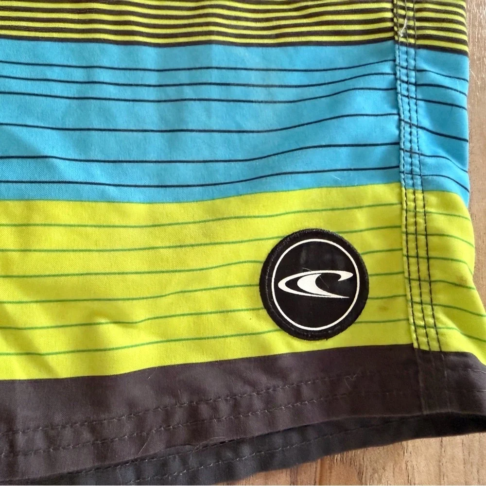 O'Neill Men's Blue and Green Striped Board Shorts Size 38
